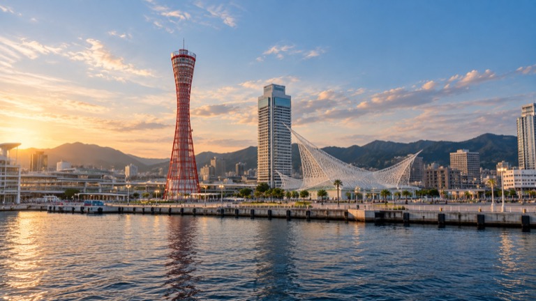 岸辺に立つ赤いポートタワーと海洋博物館
